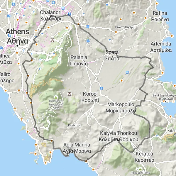 Map miniature of "Agía Paraskeví - Ymittos - Chalandri Loop" cycling inspiration in Attiki, Greece. Generated by Tarmacs.app cycling route planner