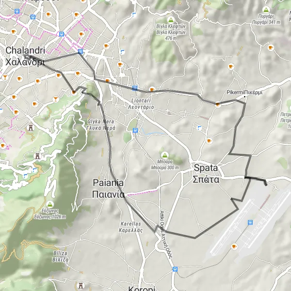 Map miniature of "Agía Paraskeví - Paiania - Chalandri Loop" cycling inspiration in Attiki, Greece. Generated by Tarmacs.app cycling route planner