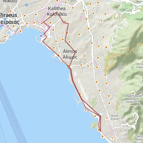 Map miniature of "Coastal Gravel Ride: Nea Smyrni to Palaio Faliro" cycling inspiration in Attiki, Greece. Generated by Tarmacs.app cycling route planner