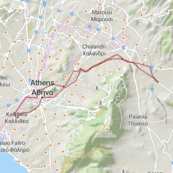 Map miniature of "Exploring Athens' Gravel Paths" cycling inspiration in Attiki, Greece. Generated by Tarmacs.app cycling route planner