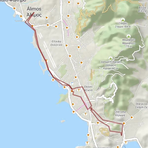 Map miniature of "Coastal Gravel Ride to Alimos" cycling inspiration in Attiki, Greece. Generated by Tarmacs.app cycling route planner