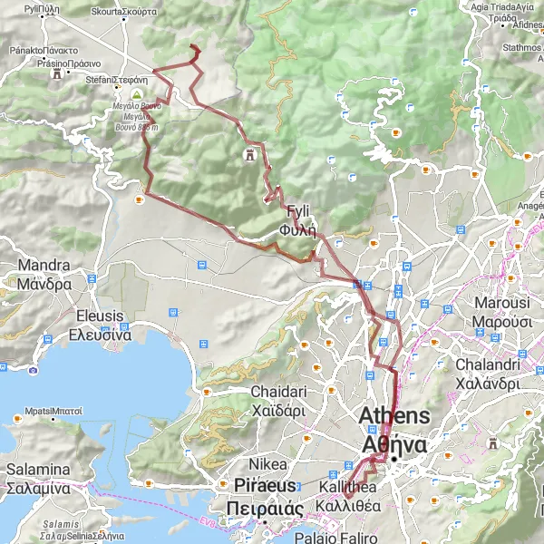 Map miniature of "Gravel Adventure through Historic Athens" cycling inspiration in Attiki, Greece. Generated by Tarmacs.app cycling route planner