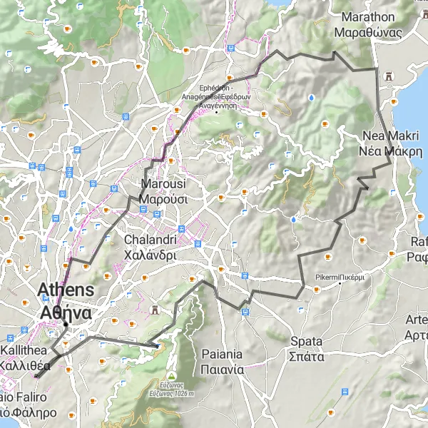 Map miniature of "Athens Hills Challenge" cycling inspiration in Attiki, Greece. Generated by Tarmacs.app cycling route planner