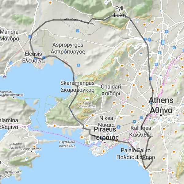 Map miniature of "Coastline Ride and Suburban Charm" cycling inspiration in Attiki, Greece. Generated by Tarmacs.app cycling route planner