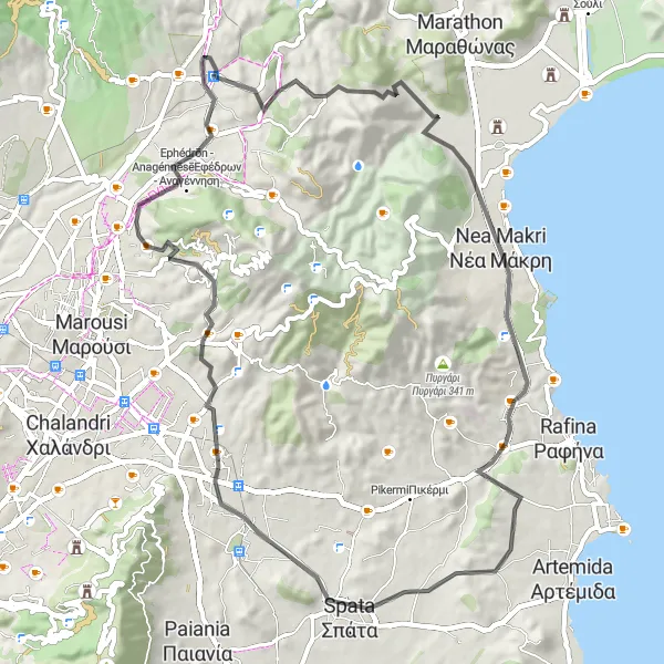 Map miniature of "Ágios Stéfanos - Πυργάρι Circuit" cycling inspiration in Attiki, Greece. Generated by Tarmacs.app cycling route planner