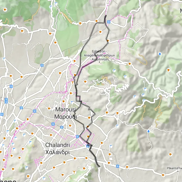 Map miniature of "Ágios Stéfanos - Nea Erythrea Circuit" cycling inspiration in Attiki, Greece. Generated by Tarmacs.app cycling route planner