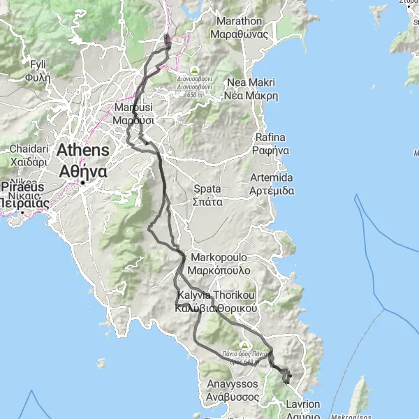 Map miniature of "Ágios Stéfanos - Koropi Circuit" cycling inspiration in Attiki, Greece. Generated by Tarmacs.app cycling route planner