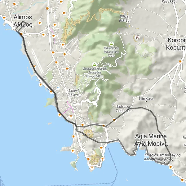 Map miniature of "Coastal Road Cycling Adventure" cycling inspiration in Attiki, Greece. Generated by Tarmacs.app cycling route planner