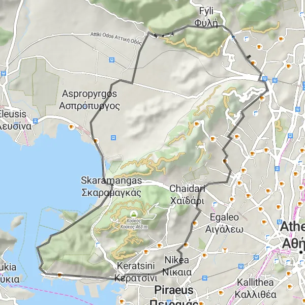 Map miniature of "Liosía - Kamatero - Acharnes - Skaramangas - Fyli - Plátosi" cycling inspiration in Attiki, Greece. Generated by Tarmacs.app cycling route planner