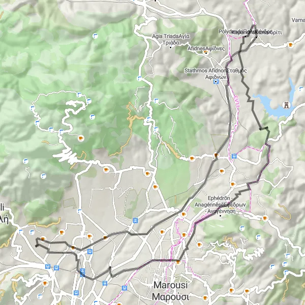 Map miniature of "Liosía - Kamatero - Keratsini - Καστράκι - Stamata - Κοτρώνι - Μικρό Κοτρώνι - Acharnes" cycling inspiration in Attiki, Greece. Generated by Tarmacs.app cycling route planner