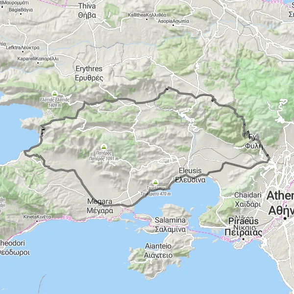 Map miniature of "Áno Liósia - Vlychas loop" cycling inspiration in Attiki, Greece. Generated by Tarmacs.app cycling route planner