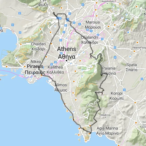 Map miniature of "Acharnes to Marathon" cycling inspiration in Attiki, Greece. Generated by Tarmacs.app cycling route planner