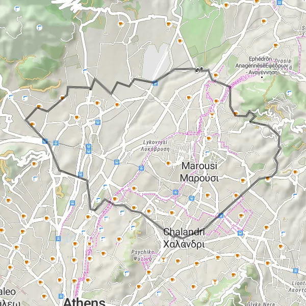 Map miniature of "Áno Liósia - Kamatero loop" cycling inspiration in Attiki, Greece. Generated by Tarmacs.app cycling route planner