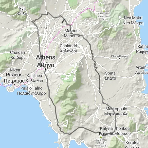 Map miniature of "Áno Liósia - Lykovrysi loop" cycling inspiration in Attiki, Greece. Generated by Tarmacs.app cycling route planner