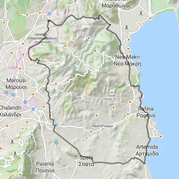 Map miniature of "Rafina Loop" cycling inspiration in Attiki, Greece. Generated by Tarmacs.app cycling route planner