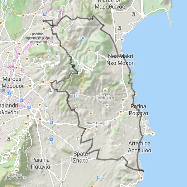 Map miniature of "The Towering Peaks" cycling inspiration in Attiki, Greece. Generated by Tarmacs.app cycling route planner