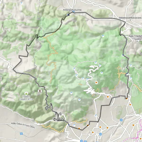 Map miniature of "Exploring the Splendors of Fyli" cycling inspiration in Attiki, Greece. Generated by Tarmacs.app cycling route planner