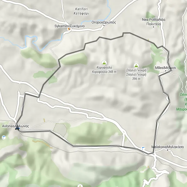 Map miniature of "A Charming Route through Παλιοχώρι and Ωρωπός" cycling inspiration in Attiki, Greece. Generated by Tarmacs.app cycling route planner