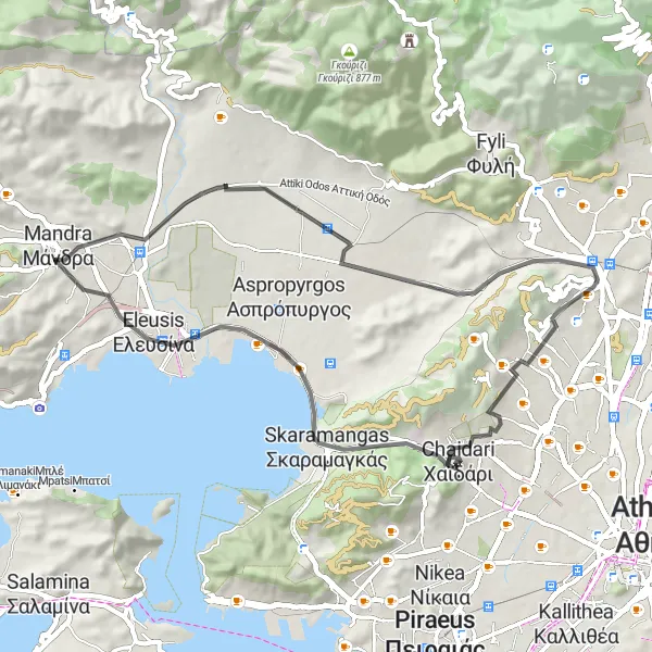 Map miniature of "Historic and Natural Wonders" cycling inspiration in Attiki, Greece. Generated by Tarmacs.app cycling route planner