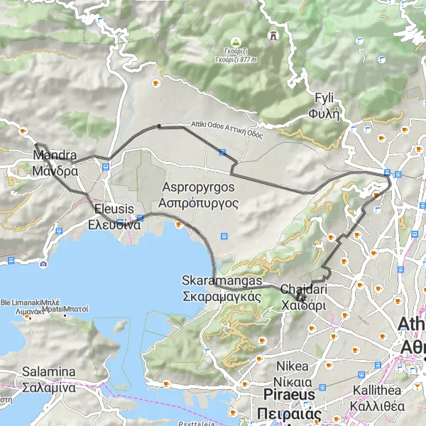 Map miniature of "Magoula Circuit: Chaidari to Petroupoli Loop" cycling inspiration in Attiki, Greece. Generated by Tarmacs.app cycling route planner