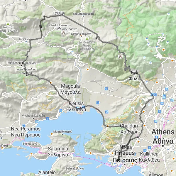 Map miniature of "Cycling through Drapetsona and beyond" cycling inspiration in Attiki, Greece. Generated by Tarmacs.app cycling route planner
