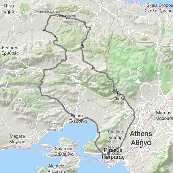 Map miniature of "Scenic adventure across Skaramanga and beyond" cycling inspiration in Attiki, Greece. Generated by Tarmacs.app cycling route planner