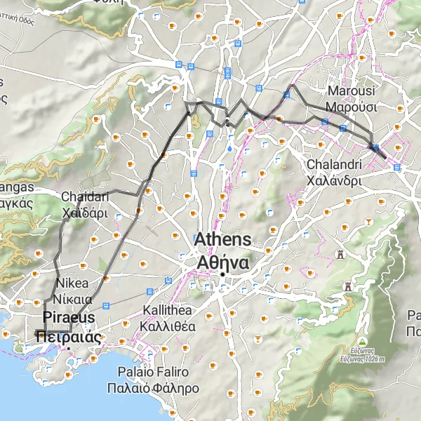 Map miniature of "Egaleo-Marousi Road Circuit" cycling inspiration in Attiki, Greece. Generated by Tarmacs.app cycling route planner