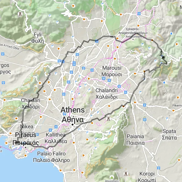 Map miniature of "Drapetsona to Piraeus Epic Climb" cycling inspiration in Attiki, Greece. Generated by Tarmacs.app cycling route planner