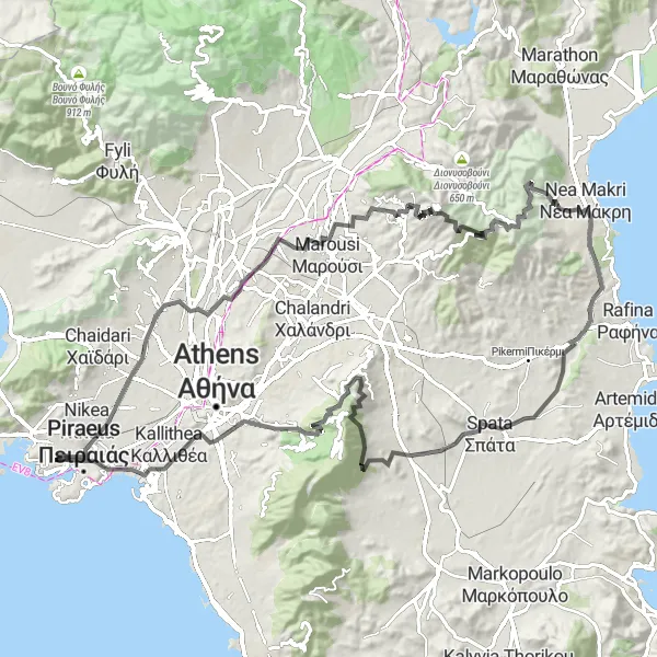 Map miniature of "Drapetsona to Marathon Epic Ride" cycling inspiration in Attiki, Greece. Generated by Tarmacs.app cycling route planner