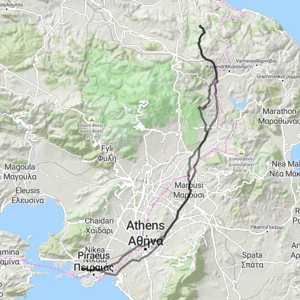 Map miniature of "Drapetsona-Arditos Loop" cycling inspiration in Attiki, Greece. Generated by Tarmacs.app cycling route planner