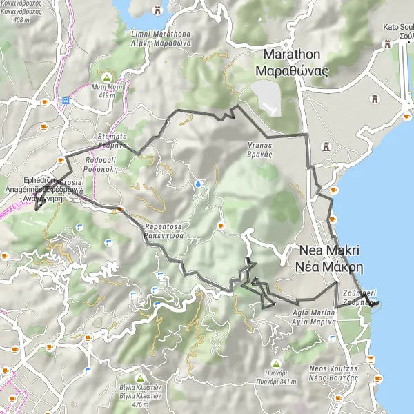 Map miniature of "Ekali to Πυργάρι" cycling inspiration in Attiki, Greece. Generated by Tarmacs.app cycling route planner