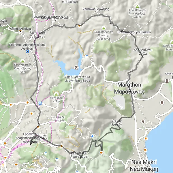 Map miniature of "Souli and Drosia Loop" cycling inspiration in Attiki, Greece. Generated by Tarmacs.app cycling route planner