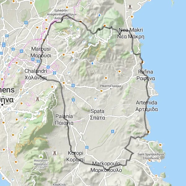 Map miniature of "Ekali to Markopoulo" cycling inspiration in Attiki, Greece. Generated by Tarmacs.app cycling route planner