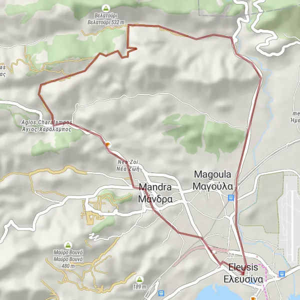 Map miniature of "Gravel Adventure: Elefsína to Δυτικό Νεκροταφείο" cycling inspiration in Attiki, Greece. Generated by Tarmacs.app cycling route planner
