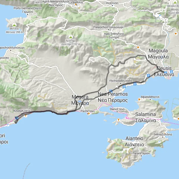 Map miniature of "Elefsina to Megara Loop" cycling inspiration in Attiki, Greece. Generated by Tarmacs.app cycling route planner