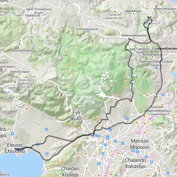 Map miniature of "Eleusis to Kamatero Challenge" cycling inspiration in Attiki, Greece. Generated by Tarmacs.app cycling route planner