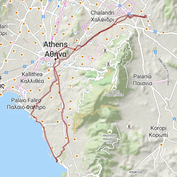 Map miniature of "Gravel Adventure to Gerakas" cycling inspiration in Attiki, Greece. Generated by Tarmacs.app cycling route planner