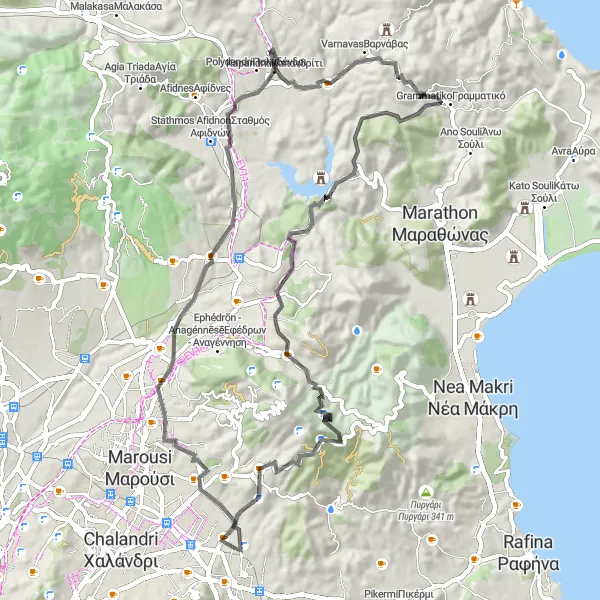 Map miniature of "Hillside Adventure" cycling inspiration in Attiki, Greece. Generated by Tarmacs.app cycling route planner