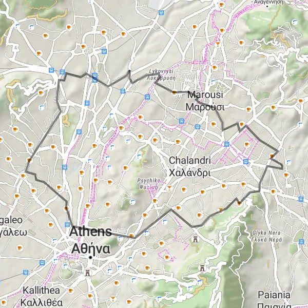 Map miniature of "Kamatero Road Cycling Adventure" cycling inspiration in Attiki, Greece. Generated by Tarmacs.app cycling route planner