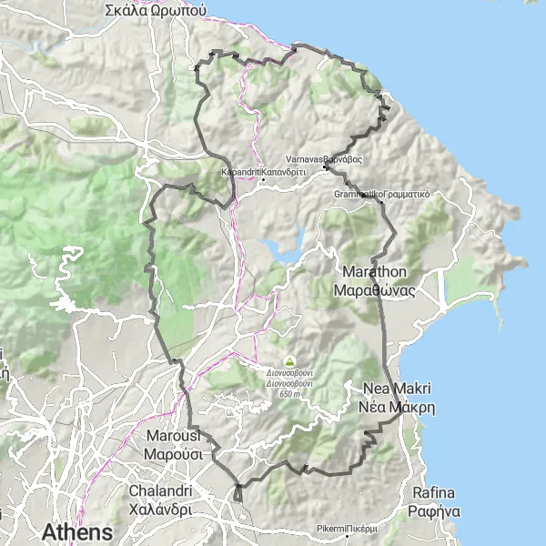 Map miniature of "Prismatic Attiki Adventure" cycling inspiration in Attiki, Greece. Generated by Tarmacs.app cycling route planner