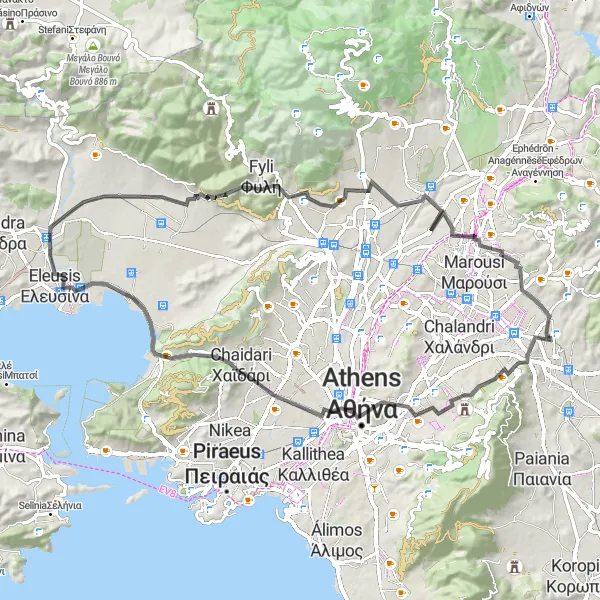 Map miniature of "Exploring Eleusis and Fyli" cycling inspiration in Attiki, Greece. Generated by Tarmacs.app cycling route planner