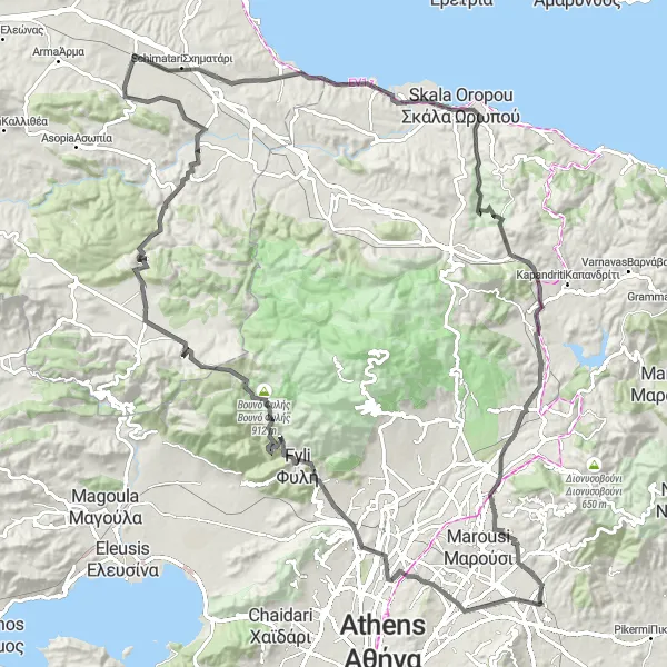 Map miniature of "Inland Exploration" cycling inspiration in Attiki, Greece. Generated by Tarmacs.app cycling route planner