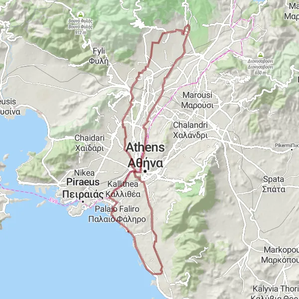 Map miniature of "Coastal Gravel Adventure" cycling inspiration in Attiki, Greece. Generated by Tarmacs.app cycling route planner