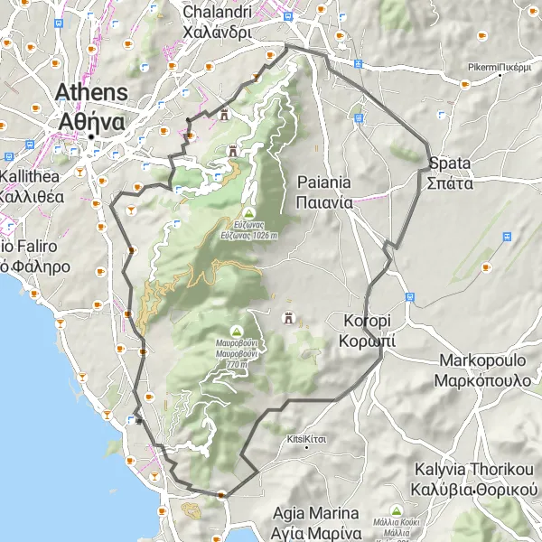 Map miniature of "Ymittos Loop" cycling inspiration in Attiki, Greece. Generated by Tarmacs.app cycling route planner