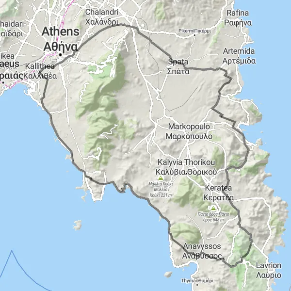 Map miniature of "Athens Beaches and Aegean Coastline" cycling inspiration in Attiki, Greece. Generated by Tarmacs.app cycling route planner