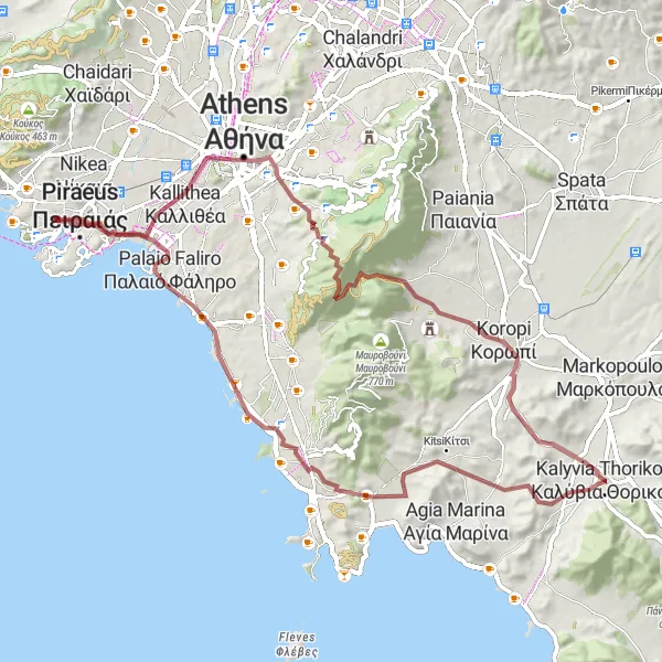 Map miniature of "Gravel Route from Kalývia Thorikoú" cycling inspiration in Attiki, Greece. Generated by Tarmacs.app cycling route planner