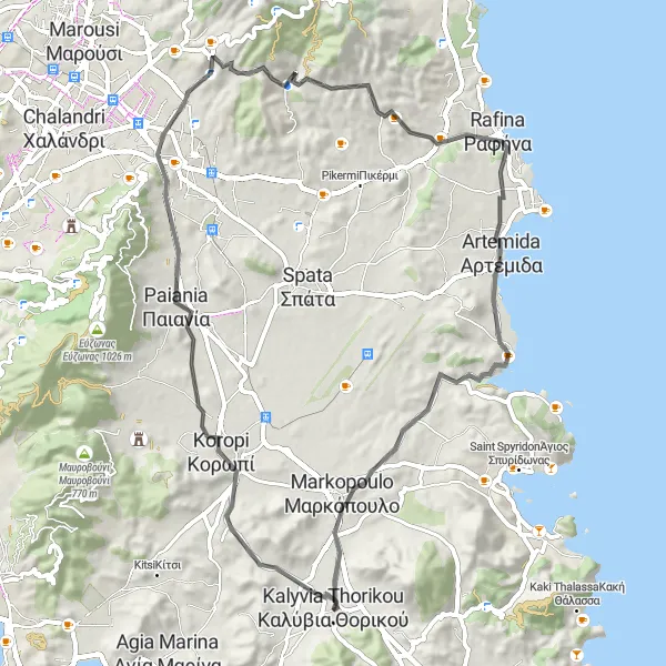 Map miniature of "Koropi-Paiania Loop" cycling inspiration in Attiki, Greece. Generated by Tarmacs.app cycling route planner