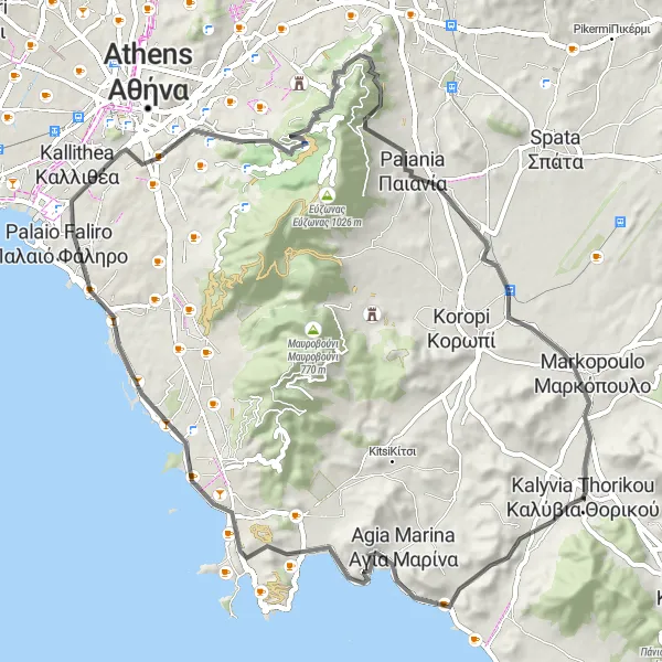 Map miniature of "Varkiza Loop" cycling inspiration in Attiki, Greece. Generated by Tarmacs.app cycling route planner