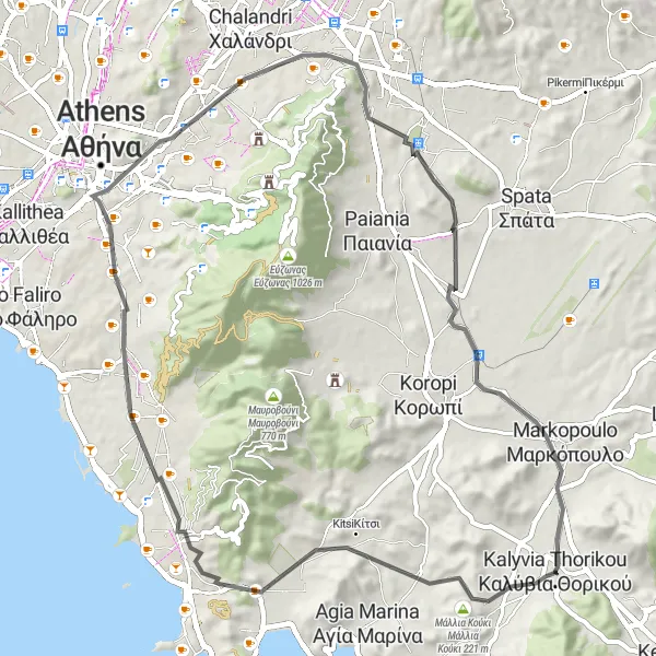 Map miniature of "Historical Road Ride" cycling inspiration in Attiki, Greece. Generated by Tarmacs.app cycling route planner