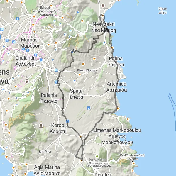 Map miniature of "Markopoulo-Ntaou Peneteli Loop" cycling inspiration in Attiki, Greece. Generated by Tarmacs.app cycling route planner